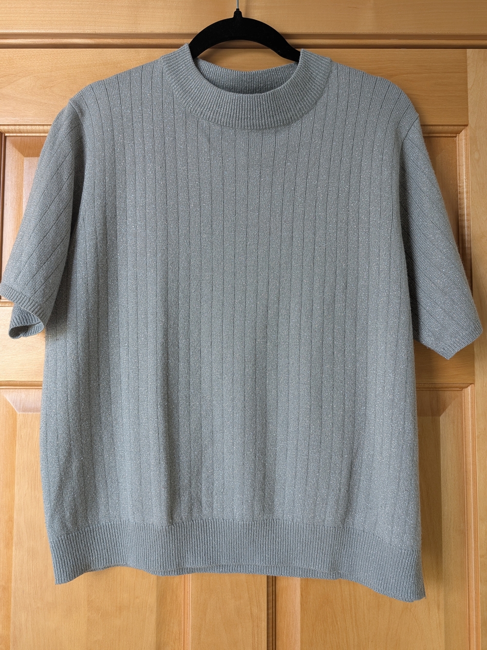 Sag Harbor Metallic Light Gray Ribbed Short-Sleeve Mock Neck Sweater